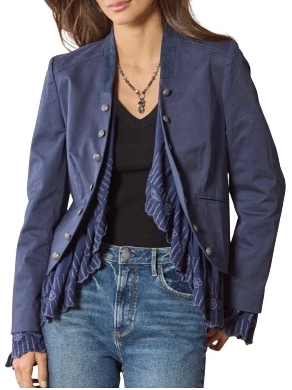Sundance Navy Ruffle-Trim Military Blazer, Size XL
